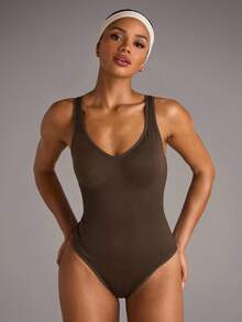 SHEIN BAE 无缝瑜伽高弹力紧身衣，内置胸垫 - 棕色 - 查看 4