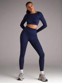 SHEIN BAE 女士纯色露背无缝运动套装健身套装女士健身套装女士紧身裤套装 - 藏蓝色 - 查看 2