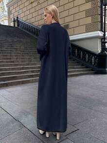EURMUSE Stand Collar Contrast-Trim Loose Long Sleeve Sweater Dress,Winter Dresses For Women,Petite - Dusty Blue - View 2