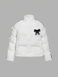 SHEIN MOD Plus Size Women's White Collar Side Bow Decor Padded Coat