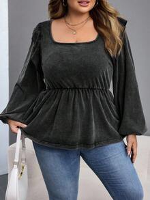 SHEIN CURVE+ Tricou de damă plus size, cu mânecă evazată, vopsit în stil tie-dye, cu decolteu pătrat și decorat cu fundă, tricou versatil cu mânecă lungă