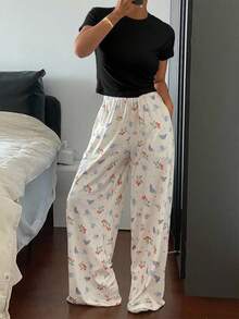 DAZY 2 pièces Ensemble de pyjama femme avec pantalon ample à imprimé fraise et haut à manches courtes de couleur unie