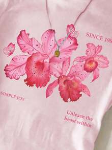 SHEIN Tricou slim fit pentru fete, cu imprimeu floral, guler rotund, mânecă scurtă, confortabil și potrivit pentru vară - Multicolor - Vizualizare 3