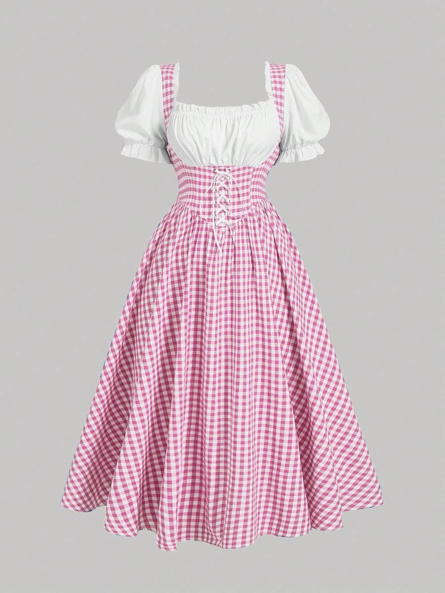 SHEIN MOD Váy kẻ caro hồng cổ điển cỡ lớn dành cho nữ - Hồng - Xem 1