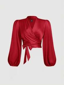 SHEIN MOD 大码女式纯色裹身领带蝴蝶结灯笼袖衬衫 - 紅色 - 查看 1