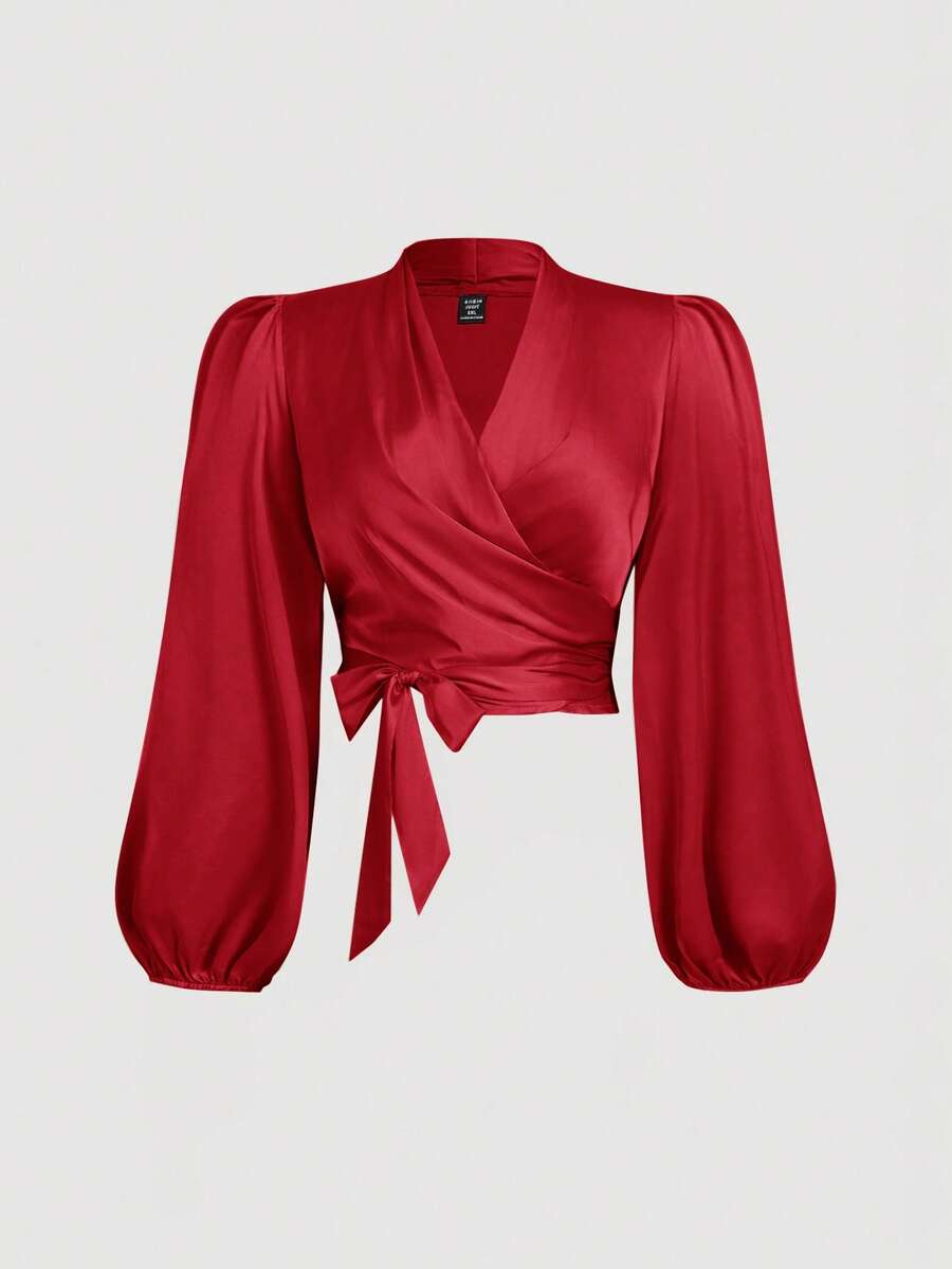 SHEIN MOD 大码女式纯色裹身领带蝴蝶结灯笼袖衬衫 - 紅色 - 查看 1