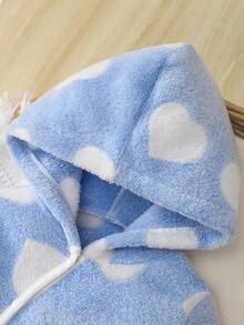 新生女婴可爱粉色心形羊毛连帽长袖连脚连体衣，秋冬婴儿睡衣 - 藍色 - 查看 5