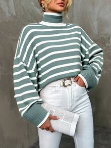 EURMUSE Striped Pattern Turtleneck Drop Shoulder Sweater - Green - View 4