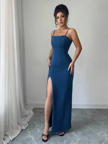 Siren Gaze 女士藍色性感牛仔連衣裙，高側邊開衩，細肩帶 - 藍色 - 查看 3