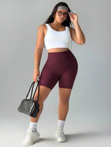 Easithlete 大码女式高腰修身休闲运动短裤高腰瑜伽短裤收腹短裤女式无缝短裤女式运动短裤高腰健身短裤 - 鏽棕色 - 查看 2