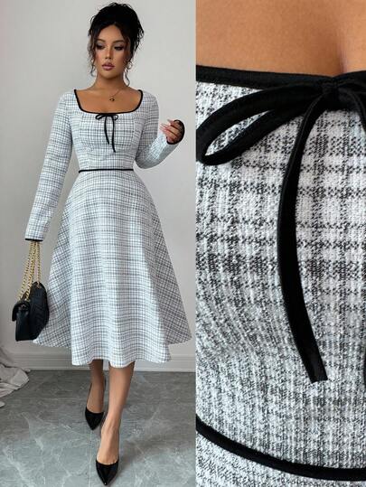 Rafferiza 优雅法式复古时尚通勤秋冬女士连衣裙，腰部收紧 A 字形轮廓，蝴蝶结装饰和深 U 领，中长款