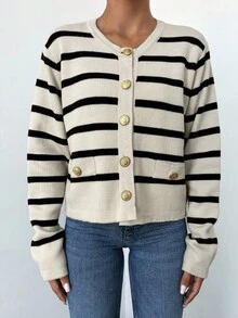 EURMUSE Striped Pattern Button Front Cardigan - Multicolor - View 5