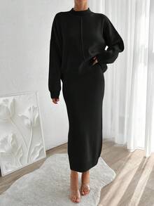 EURMUSE Set elegante da donna con maglione a maniche a pipistrello e colletto alto e gonna lavorata a maglia, autunno/inverno - nero - Visualizzare 6