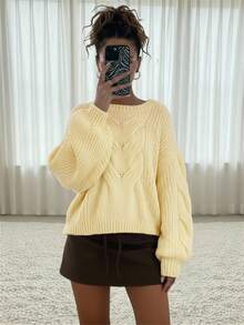 SHEIN BAE 女式休闲纯色蝙蝠袖毛衣，秋冬 - 黃色 - 查看 6