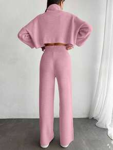 EURMUSE 2pcs Set: Solid Color Funnel Neck Lantern Sleeve Sweater Top & Long Pants, Elegant Knitted Suit - Baby Pink - View 2