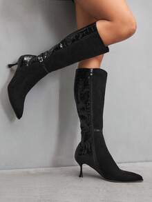 CUCCOO SZL 女士过膝长靴，新款秋冬通勤百搭尖头细跟高筒靴，显瘦 - 黑色 - 查看 4