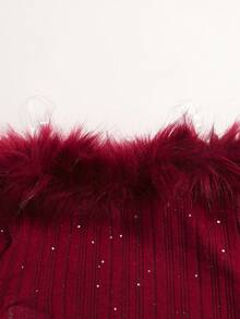 SHEIN Tween Girl Autumn/Winter Casual Elegant Off Shoulder Faux Fur Splice Flare Sleeve Fitted Ribbed Metallic Trim Cropped Top And Flare Pants Set, Burgundy Top And Black Flare Pants, 2pcs Christmas/New Year Outfit For Girls - Burgundy - View 4