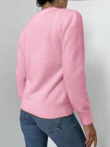 SHEIN Cottnline البلوزة كنزة صوفية طويلة الأكمام كاجوال ذات طوق عالٍ لون أحادي للنساء - وردي فاتح - مشاهدة 2