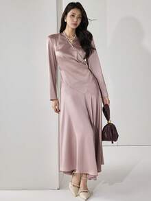 Heiryn Women's Elegant Pleated Ruched Backless Midi Dress, Solid Color, Slim Fit, Spring/Autumn - Pink - View 6