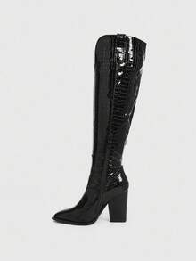 CUCCOO SZL Cuccoo Pointed Toe Thigh High Chunky Heel Tall Boots, Sexy Riding Boots For Women - Black - View 7