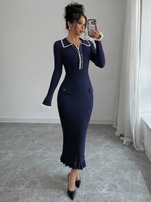 Elenzga Váy dệt kim dáng ôm tay dài màu sắc thời trang thu/đông cho nữ, cài nút nửa thân, thanh lịch - Màu xanh hải quân - Xem 5