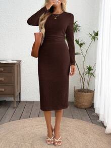 SHEIN LUNE Đầm dài tay nữ màu nâu dáng ôm, đầm thanh lịch màu nâu, đầm midi thanh lịch, đầm dài tay màu cà phê, đầm dành cho nữ, đầm thanh lịch, đầm thường ngày. - màu nâu - Xem 6