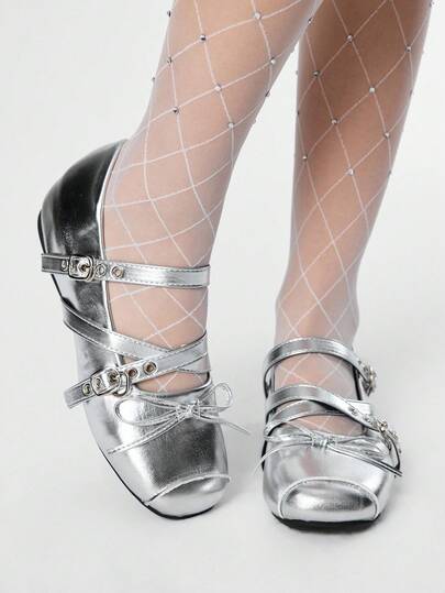 Grunge Punk 1 Pair French Street Style Bow Tie Ballerina Flats, Square Toe Mary Jane Shoes