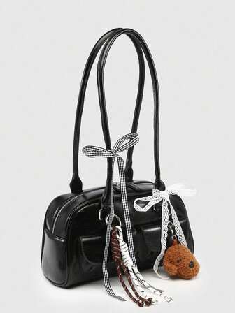 Kawaii Women's Retro Cute Plaid Suede Bowknot Decor Shoulder/Underarm Bag With Multiple Pockets, Boston Style Valentines