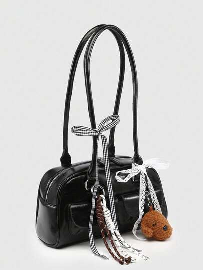 Kawaii Women's Retro Cute Plaid Suede Bowknot Decor Shoulder/Underarm Bag With Multiple Pockets, Boston Style Valentines