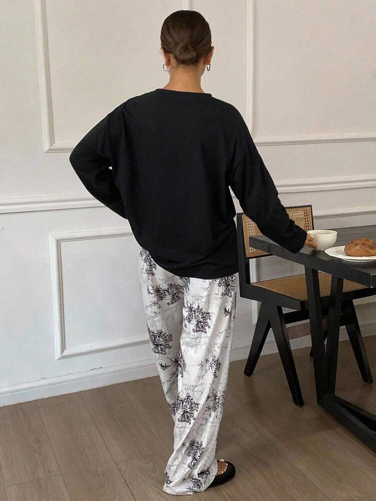 Loose Solid Color T-Shirt Top & Combo With Ink Pattern Print Loose Pajama Pants, Sleepwear Set, Back To School Clothes, Fall Winter Clothes