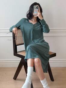 DAZY 极简针织半扣宽松长款家居服，女士睡衣，舒适保暖，秋冬款，宽松睡裙 - 綠色 - 查看 4