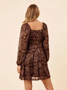 Coeurva 心形领长袖修身海滩针织迷你连衣裙 - 咖啡 - 查看 5