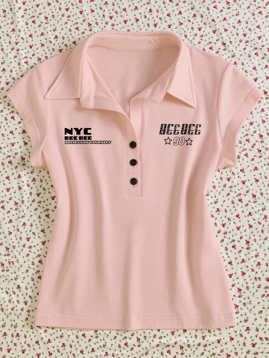 Rina Fox 女式字母印花 Polo 领短袖休闲 T 恤 - 藕粉色 - 查看 1