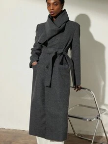 Aveloria Modichic Women's Autumn Overcoat With Detachable Scarf, Waist Design - Grey - View 1