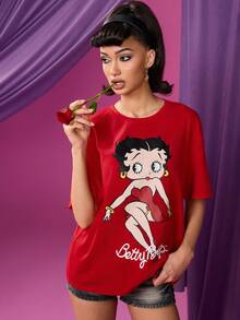 Betty Boop x SHEIN 女士休闲日常通勤时尚街头性感卡通人物和字母图案落肩宽松 T 恤，夏季 - 紅色 - 查看 4