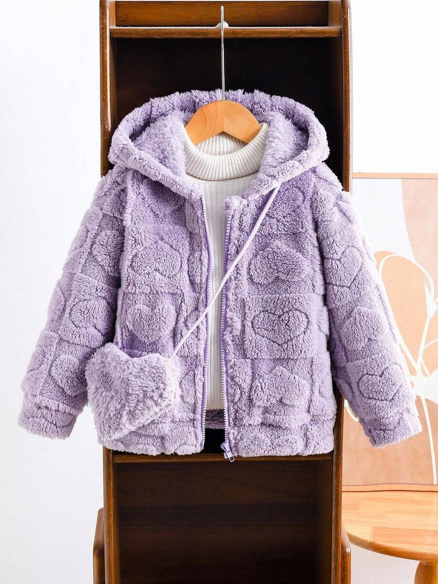 SHEIN 甜美纯色仿皮草外套,适合年轻女孩,饰有3D心形纹理图案,柔软可爱,适合秋冬 - 紫色 - 查看 1