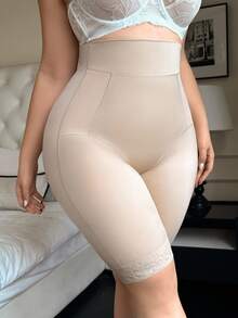 Snug Zone Plus Size Women High Waist Mid-Thigh Contrast Lace Shapewear Shorts - Apricot - View 3