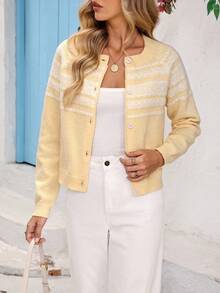 Vivid Eden Women's Geometric Pattern Raglan Sleeve Single-Breasted Casual Knit Cardigan Autumn Winter Clothes For Women - Yellow - View 5