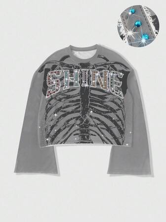 Goth Maglietta a maniche lunghe da uomo con collo rotondo, decorata con strass a motivo osseo, autunnale