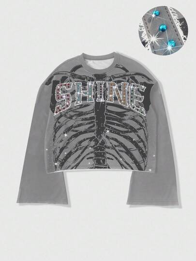 Goth Men Bone Pattern Rhinestone Decor Round Neck Long Sleeve T-Shirt, Fall