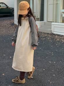 DAZY Tween Girls Knitted Collared Color Block Raglan Sleeve Dress, Fall - Apricot - View 5