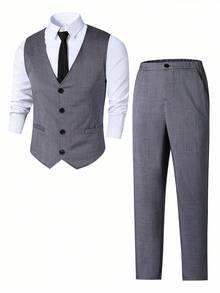 SHEIN 2pcs Teen Boy Gentleman Outfit, Grey Slim Fit Vest + Textured Long Pants, Elegant Formal Suit For Birthday, Wedding, Graduation, Party, Performance - Grey - View 6