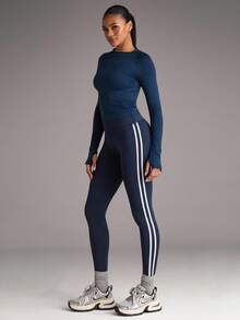 SHEIN BAE Side Stripe Tummy Control Sports Leggings - Navy Blue - View 6