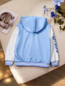 SHEIN Dziewczęca kurtka polarowa z kapturem, jednorzędowa, w swobodnym, sportowym stylu, z uroczym królikiem i nadrukiem liter, w kontrastowym kolorze, jesień/zima