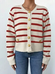 EURMUSE Women Button Round Neck Long Sleeve Striped Design Everyday Casual Cardigan - Merah - View 3