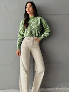 EURMUSE Women's Plaid Stand Collar Drop Shoulder Casual Loose Sweater, Fall Winter