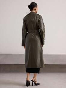 Heiryn Abrigo largo de mujer con cruce, cinturón y manga larga, dunicolordo, elegante, para otoño e invierno - Verde Oscuro - Ver 2