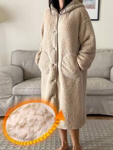 DAZY 女士加厚抓绒连帽长袍，冬季保暖蓬松 - 駝色 - 查看 1