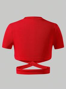 Sparklyn Tween 女童纯色圆领镂空短袖T恤，简约优雅设计，圆领，柔软亲肤 - 紅色 - 查看 2