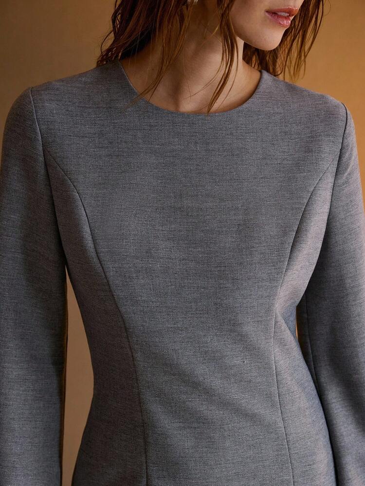 SOLID BELL SLEEVE SLIM WAIST SHORT DRESS